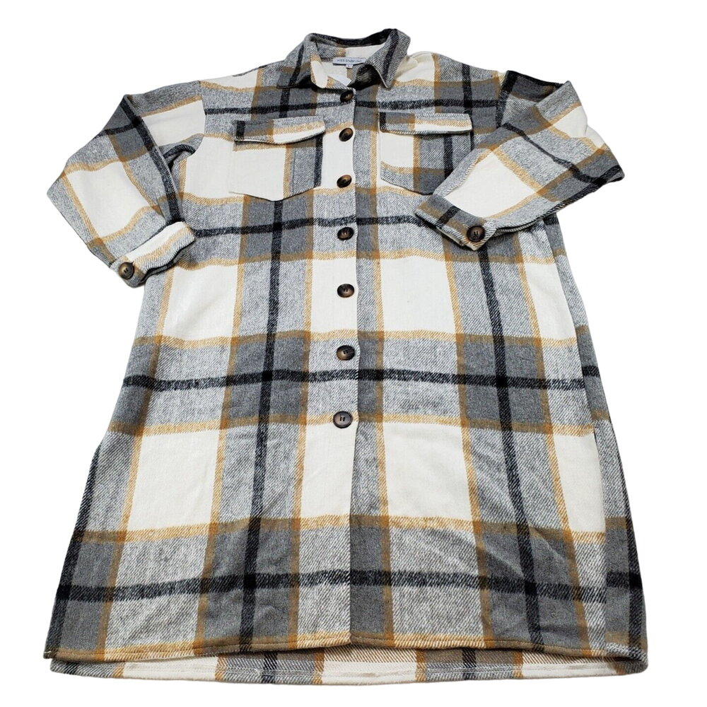 Miss Sparkling Shacket Coat Jacket Womens Large Flannel Long Plaid Tan Grey New